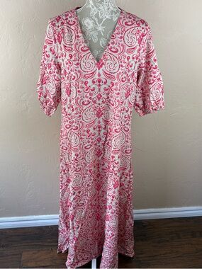 NWT Noracora Coral Pink Printed Maxi Dress Elbow Length Short Sleeves Size Large